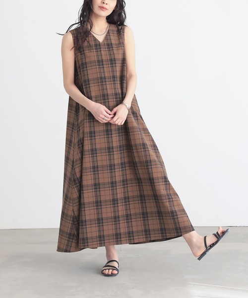 専用⭐︎waltz by BEAMS DESIGN ブラウン チェックワンピース 低身長/高身長向けサイズ有]Vネックチェックワンピース