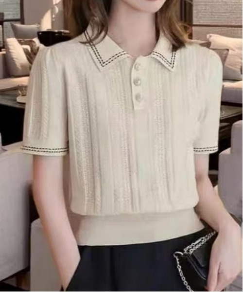 BLANC FICELLE(ブランフィセル)の「ニット ポロシャツ(ニット/セーター・レディース・ブラック/Off White・S/M/L)」の2枚目の写真