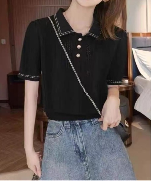 BLANC FICELLE(ブランフィセル)の「ニット ポロシャツ(ニット/セーター・レディース・ブラック/Off White・S/M/L)」の5枚目の写真