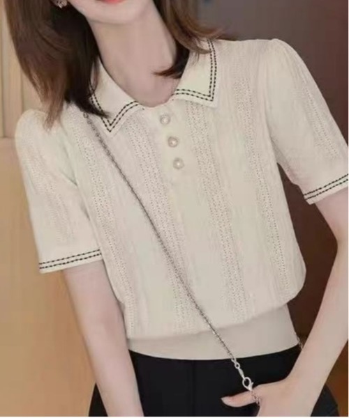 BLANC FICELLE(ブランフィセル)の「ニット ポロシャツ(ニット/セーター・レディース・ブラック/Off White・S/M/L)」の7枚目の写真