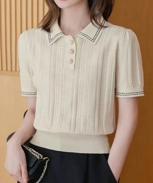 BLANC FICELLE(ブランフィセル)の「ニット ポロシャツ(ニット/セーター・レディース・ブラック/Off White・S/M/L)」の8枚目の写真