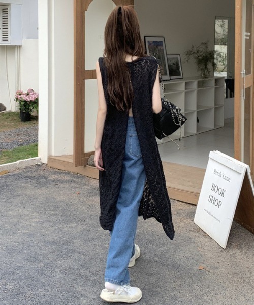 Pリブ編みノースリーブワンピース サイズ2 セール】前後2Way透かし編みノースリーブワンピース
