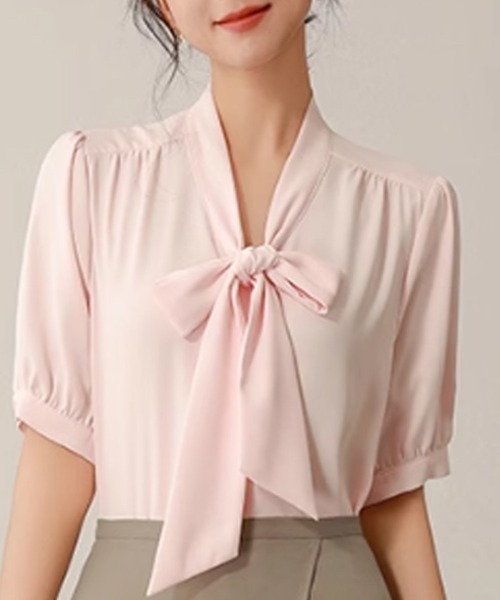 Beststore(ベストストア)の「ボウタイリボンブラウス 半袖(シャツ/ブラウス・レディース・ブルー/ホワイト/ピンク/ベージュ/ネイビー・M/L)」の5枚目の写真