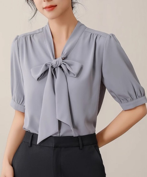 Beststore(ベストストア)の「ボウタイリボンブラウス 半袖(シャツ/ブラウス・レディース・ブルー/ホワイト/ピンク/ベージュ/ネイビー・M/L)」の4枚目の写真