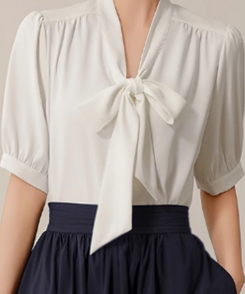 Beststore(ベストストア)の「ボウタイリボンブラウス 半袖(シャツ/ブラウス・レディース・ブルー/ホワイト/ピンク/ベージュ/ネイビー・M/L)」の11枚目の写真