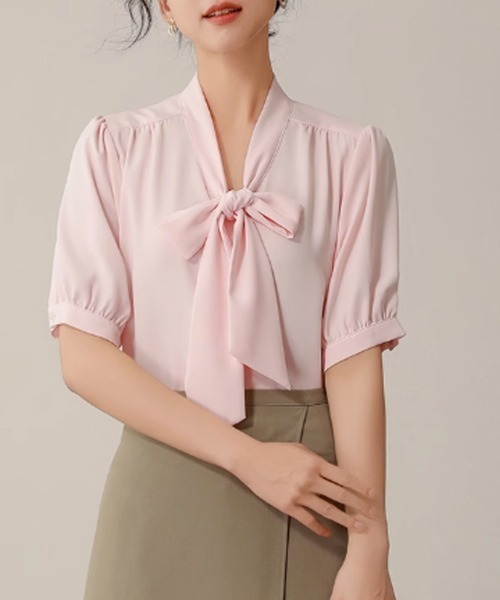 Beststore(ベストストア)の「ボウタイリボンブラウス 半袖(シャツ/ブラウス・レディース・ブルー/ホワイト/ピンク/ベージュ/ネイビー・M/L)」の6枚目の写真