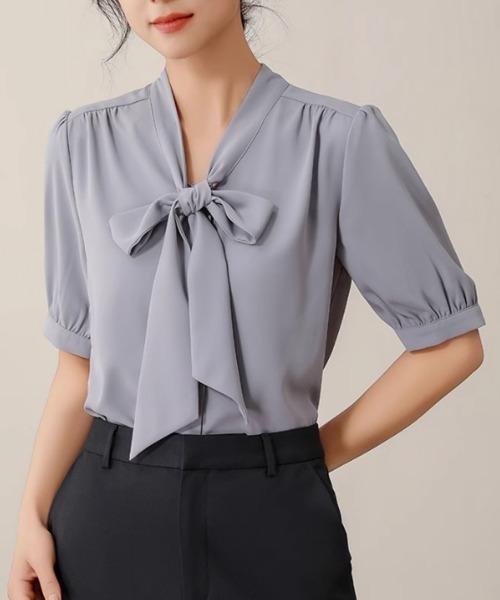 Beststore(ベストストア)の「ボウタイリボンブラウス 半袖(シャツ/ブラウス・レディース・ブルー/ホワイト/ピンク/ベージュ/ネイビー・M/L)」の21枚目の写真