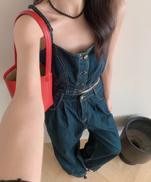 Girly Doll(ガーリードール)の「デニムセットアップ キャミソール×ワイドパンツ(セットアップ・レディース・ネイビー・L/M/S)」の5枚目の写真