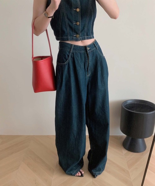 Girly Doll(ガーリードール)の「デニムセットアップ キャミソール×ワイドパンツ(セットアップ・レディース・ネイビー・L/M/S)」の8枚目の写真