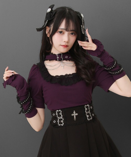 DearMyLove(ディアマイラブ)の「十字架チェーンチョーカーアームウォーマーリブトップス(ニット/セーター・レディース・パープル/ボルドー/ブラック/グレー・3L/LL/LARGE/MEDIUM)」の3枚目の写真