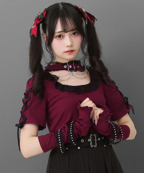 DearMyLove(ディアマイラブ)の「十字架チェーンチョーカーアームウォーマーリブトップス(ニット/セーター・レディース・パープル/ボルドー/ブラック/グレー・3L/LL/LARGE/MEDIUM)」の4枚目の写真