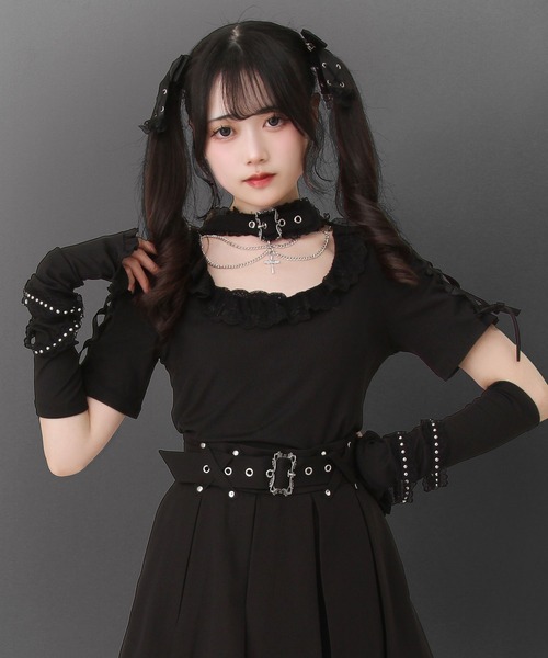 DearMyLove(ディアマイラブ)の「十字架チェーンチョーカーアームウォーマーリブトップス(ニット/セーター・レディース・パープル/ボルドー/ブラック/グレー・3L/LL/LARGE/MEDIUM)」の2枚目の写真