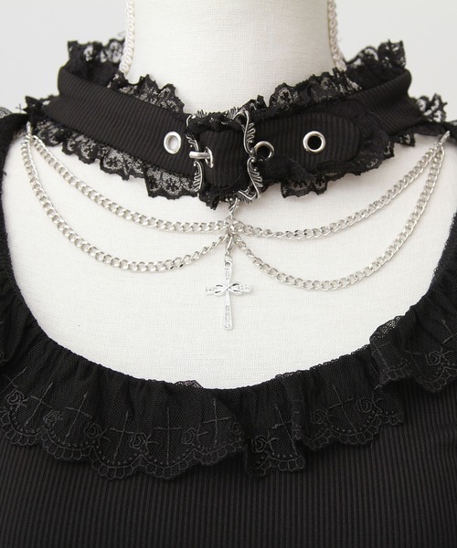 十字架チェーンチョーカーアームウォーマーリブトップス（ニット