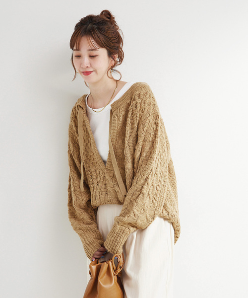 B.C STOCK(ベーセーストック)の「手洗い可 / パッチワーク風ケーブルニット(ニット/セーター・レディース・ブラック/ベージュ・FREE)」の13枚目の写真