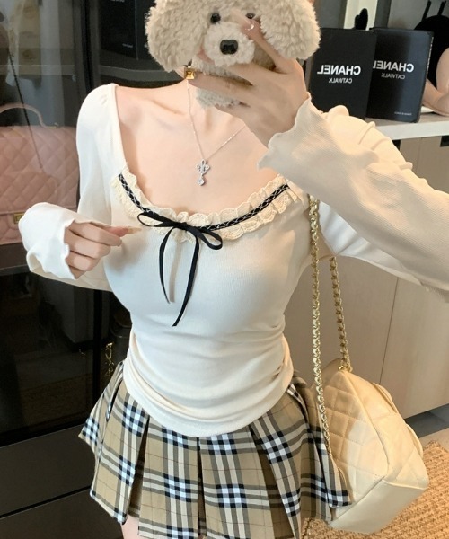 gossip！ロサンゼルス（ゴシップロサンゼルス）の「【Y2Kガーリー】レース切り替えロングスリーブTシャツ（Tシャツ/カットソー・レディース・グレー/オフホワイト・FREE）」の3枚目の写真