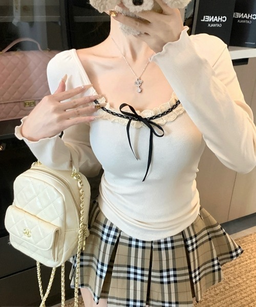 gossip！ロサンゼルス（ゴシップロサンゼルス）の「【Y2Kガーリー】レース切り替えロングスリーブTシャツ（Tシャツ/カットソー・レディース・グレー/オフホワイト・FREE）」の4枚目の写真