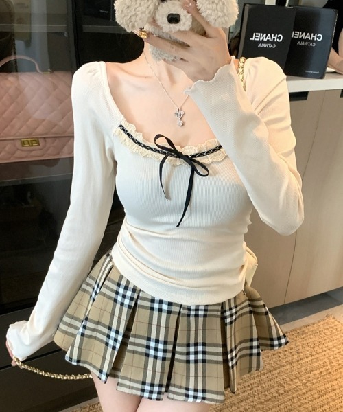 gossip！ロサンゼルス（ゴシップロサンゼルス）の「【Y2Kガーリー】レース切り替えロングスリーブTシャツ（Tシャツ/カットソー・レディース・グレー/オフホワイト・FREE）」の5枚目の写真