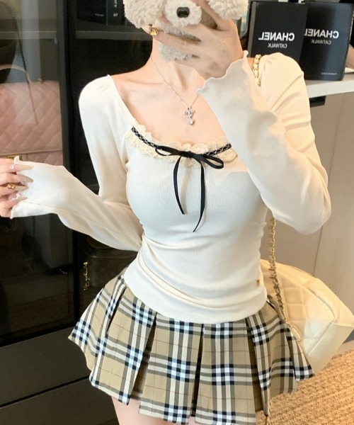 gossip！ロサンゼルス（ゴシップロサンゼルス）の「【Y2Kガーリー】レース切り替えロングスリーブTシャツ（Tシャツ/カットソー・レディース・グレー/オフホワイト・FREE）」の6枚目の写真