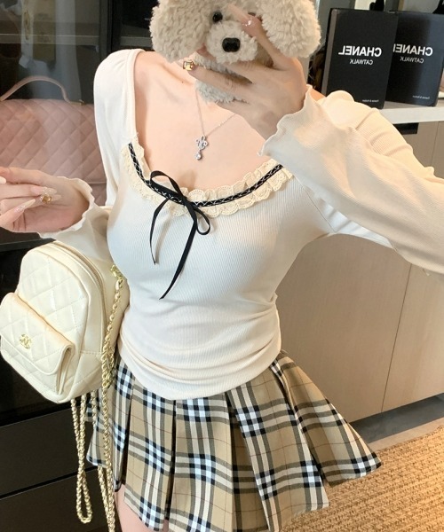 gossip！ロサンゼルス（ゴシップロサンゼルス）の「【Y2Kガーリー】レース切り替えロングスリーブTシャツ（Tシャツ/カットソー・レディース・グレー/オフホワイト・FREE）」の9枚目の写真