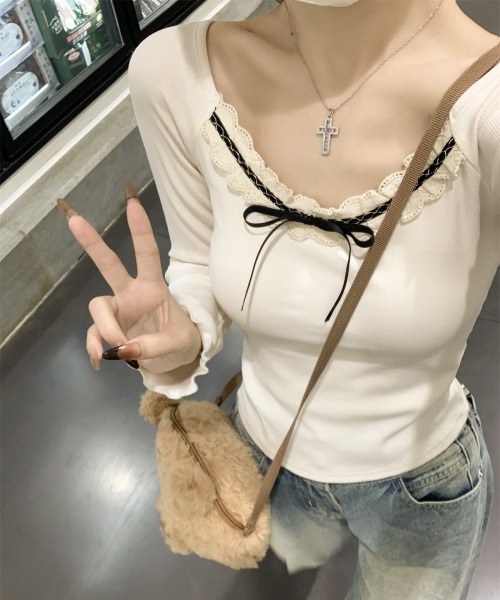 gossip！ロサンゼルス（ゴシップロサンゼルス）の「【Y2Kガーリー】レース切り替えロングスリーブTシャツ（Tシャツ/カットソー・レディース・グレー/オフホワイト・FREE）」の8枚目の写真