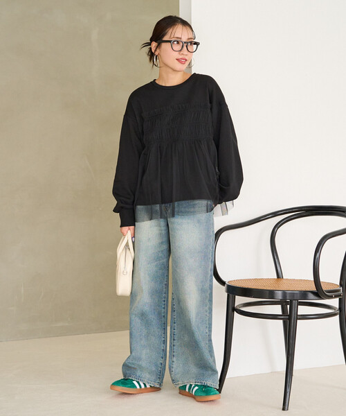 yori   ダブルギャザースウェット Girls' Lace Trim French Terry Crewneck Pullover Sweatshirt - Cat
