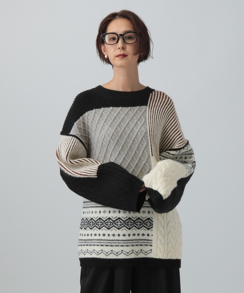 LEPSIM（レプシィム）の「5ゲージパッチワークプルオーバー　589913（ニット/セーター・レディース・ブラウン/ブラック/ベージュ・FREE）」の2枚目の写真
