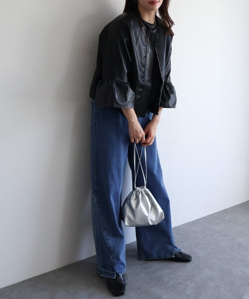 フレアスリーブエコレザージャケット（ノーカラージャケット）｜sin.ca