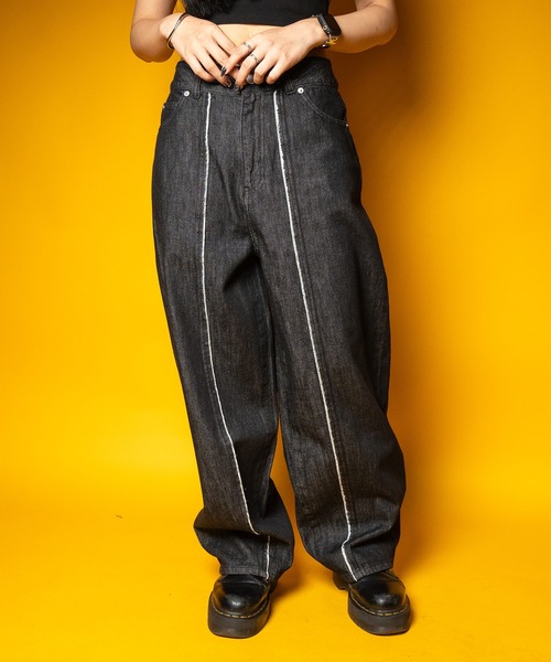 パンツ wide fringe denim pants / BRACK Vintage Washed Fringe Wide Denim Pants【BLACK】 |