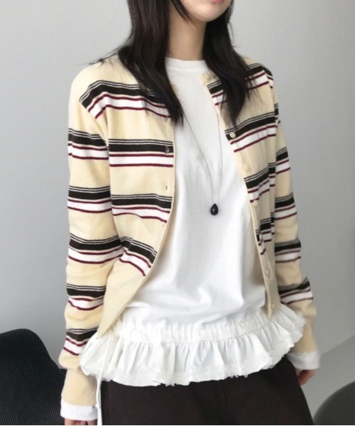 gossip！ロサンゼルス（ゴシップロサンゼルス）の「マルチボーダー ショート丈ガーディガン（カーディガン/ボレロ・レディース・グレー/オフホワイト/ブラック・FREE）」の2枚目の写真