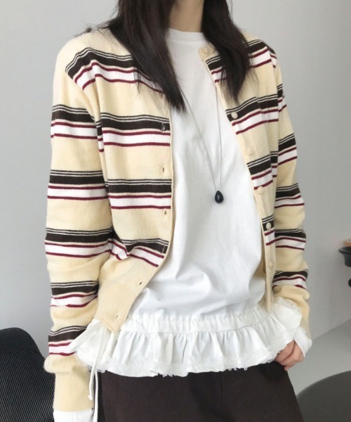 gossip！ロサンゼルス（ゴシップロサンゼルス）の「マルチボーダー ショート丈ガーディガン（カーディガン/ボレロ・レディース・グレー/オフホワイト/ブラック・FREE）」の5枚目の写真
