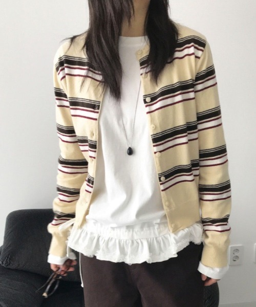gossip！ロサンゼルス（ゴシップロサンゼルス）の「マルチボーダー ショート丈ガーディガン（カーディガン/ボレロ・レディース・グレー/オフホワイト/ブラック・FREE）」の7枚目の写真