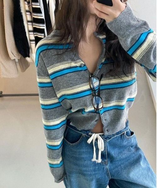 gossip！ロサンゼルス（ゴシップロサンゼルス）の「マルチボーダー ショート丈ガーディガン（カーディガン/ボレロ・レディース・グレー/オフホワイト/ブラック・FREE）」の16枚目の写真