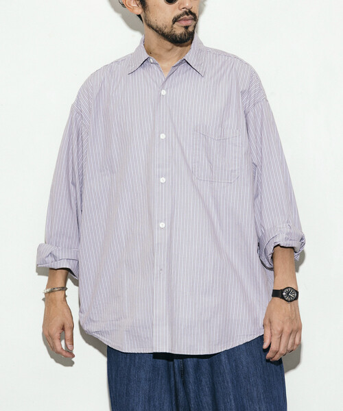 HINSON(ヒンソン)の「HINSON/ヒンソン レギュラーカラー ブロード ロングスリーブ ストライプシャツ(シャツ/ブラウス・メンズ・グレー/サックスブルー/ベージュ・MEDIUM/LARGE/SMALL)」の2枚目の写真