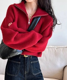ハーフジップ」に該当するニット/セーター（レッド/赤色系・無地