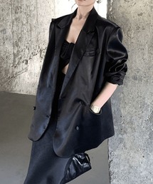 黒 サテン風 テーラードジャケット テーラードジャケット（ブラック/黒色系・サテン）ファッション