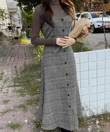 バックリボンチェック柄ロングワンピース