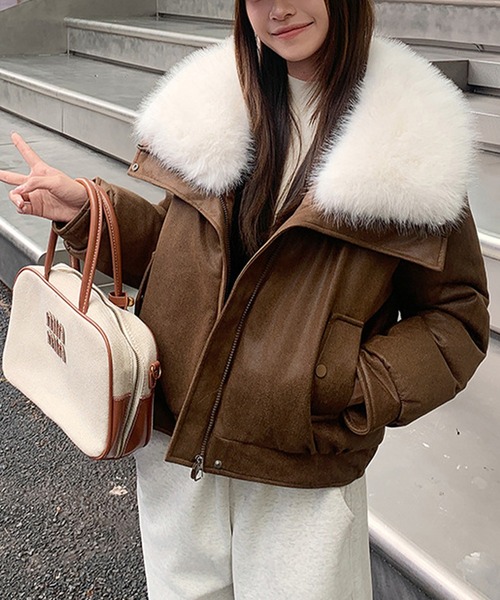 セール】ビッグファーカラーPU中綿ジャケット（その他アウター