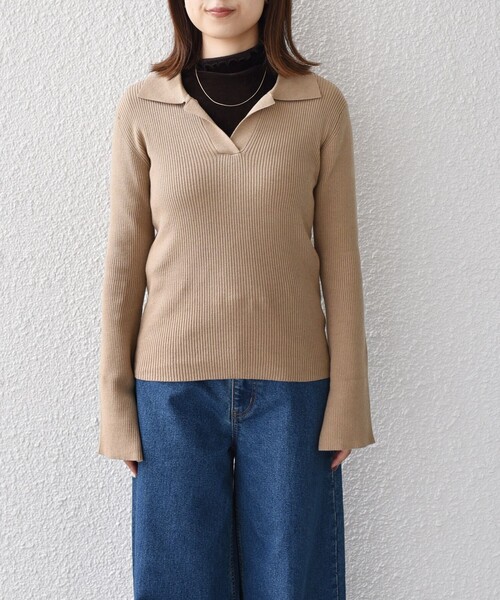 SHIPS Colors(シップス カラーズ)の「SHIPS Colors:〈手洗い可能〉リブ スキッパー ニット(ニット/セーター・レディース・ベージュ/ネイビー/キャメル・ONE SIZE)」の12枚目の写真