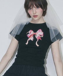 DOUBLE RIBBON SLIM CROP T SHIRT BLACK PINK