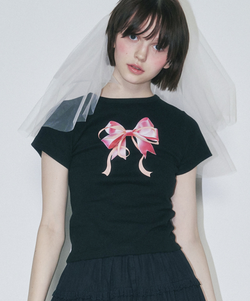RONRON(ロンロン)の「DOUBLE RIBBON SLIM CROP T SHIRT BLACK PINK(Tシャツ/カットソー・レディース・その他・FREE)」の4枚目の写真