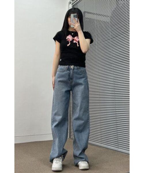 RONRON(ロンロン)の「DOUBLE RIBBON SLIM CROP T SHIRT BLACK PINK(Tシャツ/カットソー・レディース・その他・FREE)」の5枚目の写真