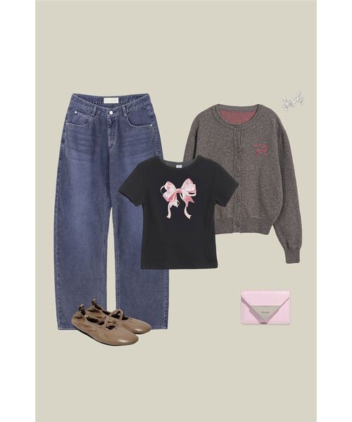 RONRON(ロンロン)の「DOUBLE RIBBON SLIM CROP T SHIRT BLACK PINK(Tシャツ/カットソー・レディース・その他・FREE)」の7枚目の写真