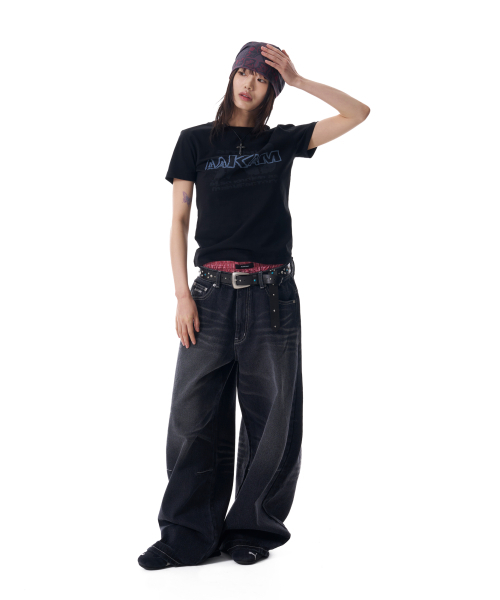 セール】2-Lined Eyelet Washed Denim Pants (Black)（デニムパンツ