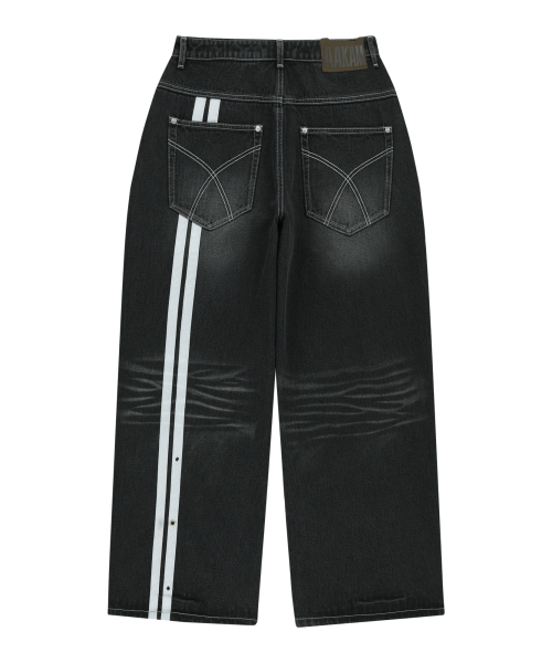 セール】2-Lined Eyelet Washed Denim Pants (Black)（デニムパンツ