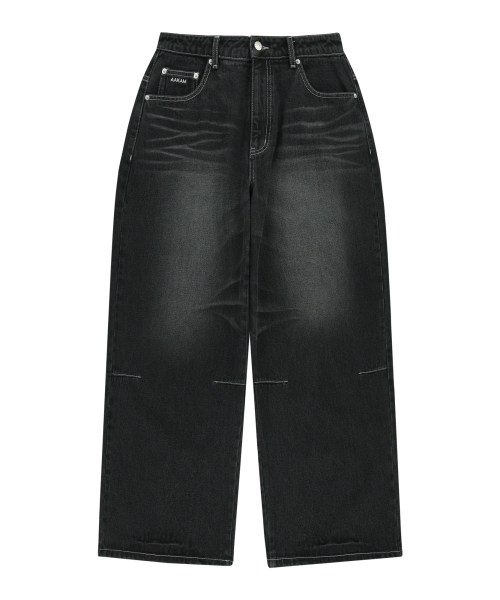セール】2-Lined Eyelet Washed Denim Pants (Black)（デニムパンツ
