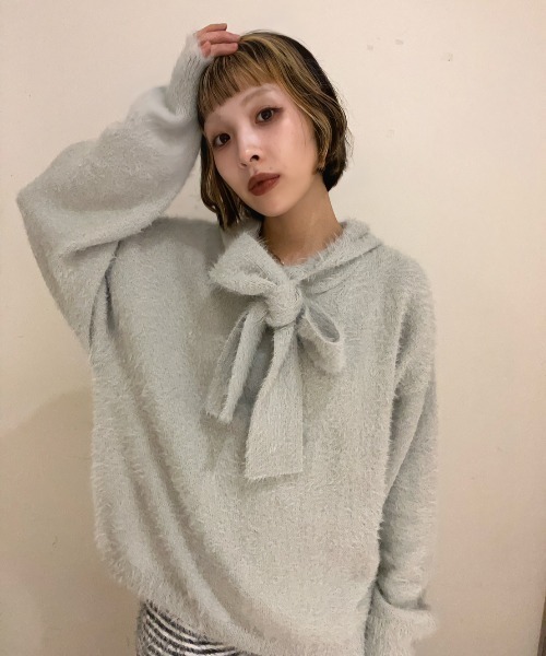 JEANASIS（ジーナシス）の「【25quee】リボンニットフーディ/617709（ニット/セーター・レディース・グレー/ブラック/ライトブルー・FREE）」の2枚目の写真