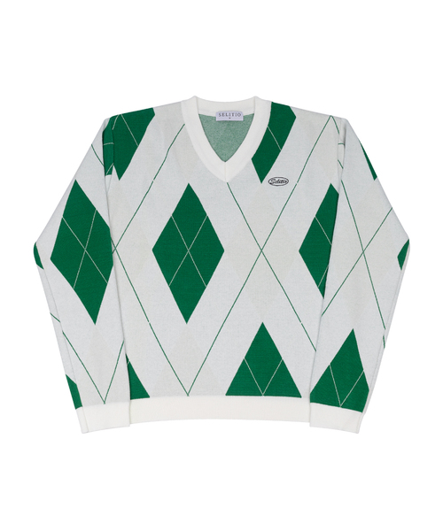 Argyle V-nek soft knit green — вязаный пуловер с V-образным вырезом