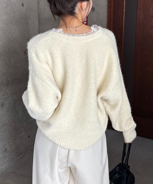 CAPRICIEUX LE'MAGE（カプリシューレマージュ）の「レーストリミングニット（ニット/セーター・レディース・グレー/オフホワイト/ブラック・FREE）」の7枚目の写真