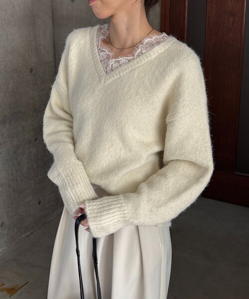 CAPRICIEUX LE'MAGE（カプリシューレマージュ）の「レーストリミングニット（ニット/セーター・レディース・グレー/オフホワイト/ブラック・FREE）」の9枚目の写真