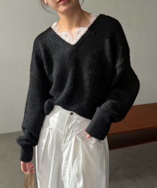 CAPRICIEUX LE'MAGE（カプリシューレマージュ）の「レーストリミングニット（ニット/セーター・レディース・グレー/オフホワイト/ブラック・FREE）」の13枚目の写真